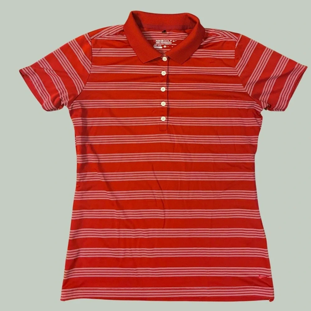 Nike Golf Tour Performance Dri-Fit Striped Polo Shirt Red White Womens XL